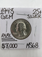 1943 MS68 RARE SILVER WASHINGTON QUARTER