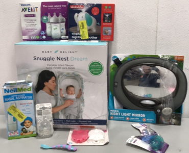 TV Baby Delight Portable Infant Sleeper, NeilMed Nasal Aspirator, SafeFit Musical Night Light Mirror, Skidaddle Elephant Night Light xerr, Philips Avent Baby Bottles and Pacifiers