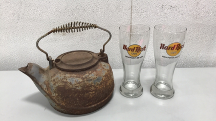 Vintage Wagner Ware Cast Iron Tea Kettle, (2) Hard Rock Cafe Newport Beach Pilsner Glasses