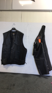 (1) Jamin Leather Motorcycle Vest (1) Pair Of Interstate Leather Chaps