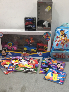 (1) Disney Car Set, (1) Nano Racer, (1) Voyage Video Drone, (1) Paw Patrol Sleepover Set, and More