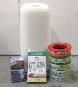 (1)Diaper Genie, (5) Diaper Pail Refills, (1) Breastmilk Collector, (1) Swaddle Pod