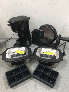 (1) Coffee Pod Maker, (1) Belgium Waffle Maker, (2) Food Containers, (2) Silicone Ice Trays