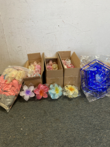 (1)Blue Bird Feeder (3)Box of 8 Multi-Colored Flower Hair Clips (1) Bag of Balloons