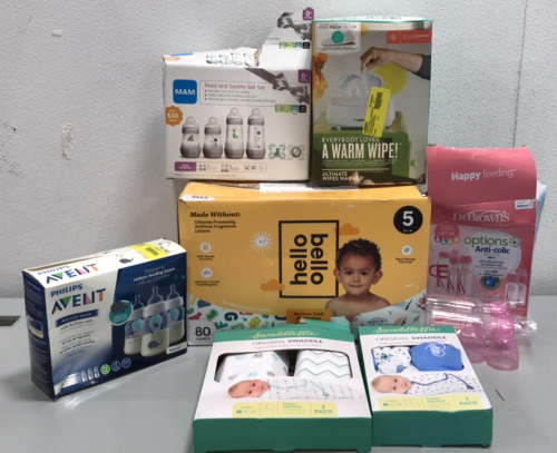 Hello Bello Daipers, Prince Lionheart Wet Wipes Warmer, Various Anti-Colic Baby bottles i.e. Dr. Browns, MAM, Philips Avent. SwaddleMe adjustable baby wrap swaddles