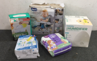 Pocket Snack High Chair, Fridababy Humidifier, (36) Count Diapers, Ultimate Wipe Warmer, Dr Browns Bottle