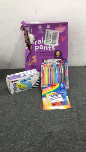Raining pants, diaper sacks, crayola quick dry paint sticks, paper mate felt tip pens