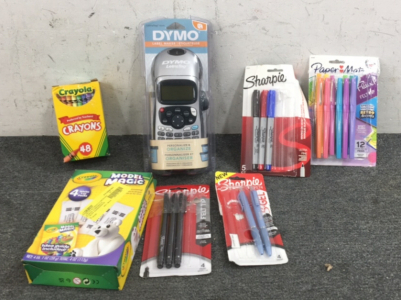 Dymo Label Maker, (3) Cases of Sharpie Pens, Crayola Model Magic, Paper Mate Pens, Crayola Crayons