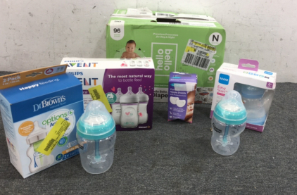 (2) Tommee Tippee Bottles, Nipple Shields, Mam bottles , Hello Diapers, Avent and Dr Brown Bottles