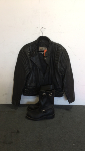 (1) Open Road By Wilson&rsquo;s Leather Motorcycle Jacket (1) Pair Of Chippewa Steel Toe Motorcycle Boots