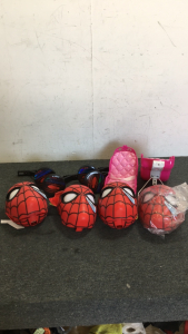 (4) Spider-Man Light Up Masks (2) Kids Bike Toy Seats (2) Sets Of Spider-Man Training Wheels