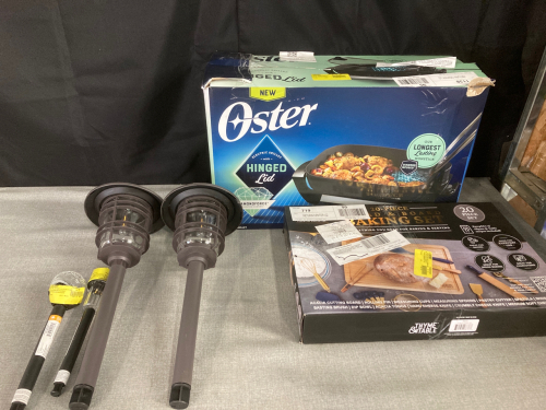 Oster Electric Skillet, 20pc cutting board and baking set, LED lights