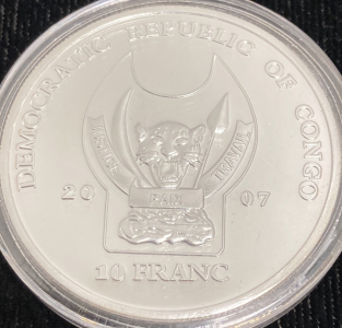 2007 Congo 10 Franc 1oz Endangered Wildlife Coin