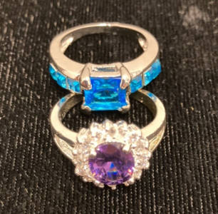 925 Silver Ring With Amethyst And White Stones, Silver Toned Ring With Blue Stones