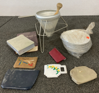 Canning Strainer, (8) Saucers, (2) Bibles, And Coin Purses