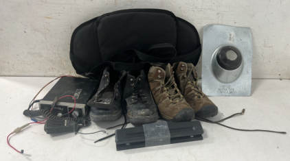 (2) Pairs of Men's Size 10.5 Boots, CB Radio (Please Inspect), 3-Hole Punch, IPS Roof Flashing, 10.5"x5.5" Camp Axe and Padded Cushion with Pouch