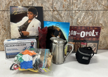 Michael Jackson Thriller LP, Black+Decker Steam Iron (Powers On), Bacon-opoly Board Game, Silencio Low Profile Hearing Protectors with Case, 10.5" H Decorative Ceramic Cowboy Boot, 9" H Metal Pitcher, Kiss Hot in the Shade LP, 34" Rod with Hooks and Assor