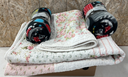 (2) 50"x60" Fleece Throws, 65"x86" Blanket, and 29"x23" Pillow Case