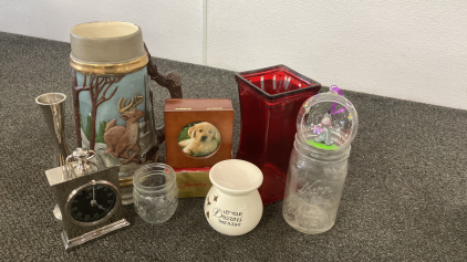 Variety Of Knickknacks Including Silver Mantle Clock W/ Matching Candlestick