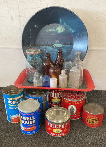 Vintage Assortment Of Glass Bottles/Tins, “T.V. Dinner” Lap Tray & Wall Hanging