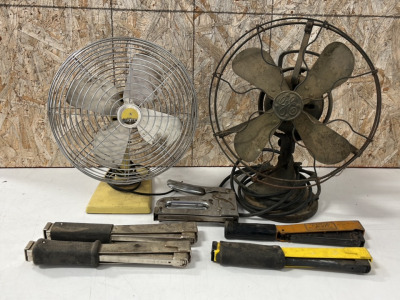 Vintage Eskimo Oscillating Fan (Powers On), Vintage GE Fan (Powers On), (4) Hammer Tackers, and a Staple Gun