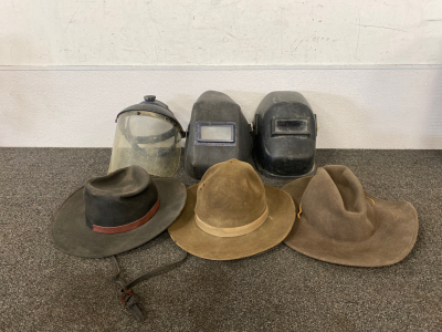 (3) Welding Helmets and (3) Wool/Felt/Suede Hats