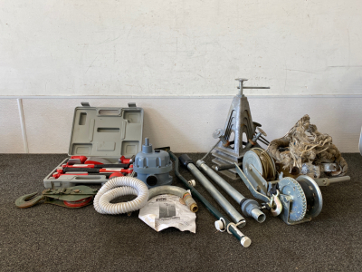 Assorted Tools, Pulleys, and Rotary Pump