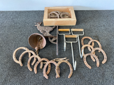 Cast Iron Bell, Horseshoes, and Hay Hooks