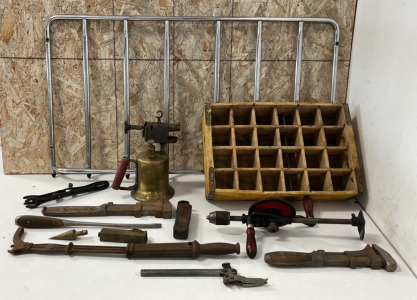 Metal Grill, Wooden Crate, and (11) Assorted Vintage Tools