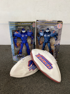 (2) Boise State Footballs and (2) Robot Figures