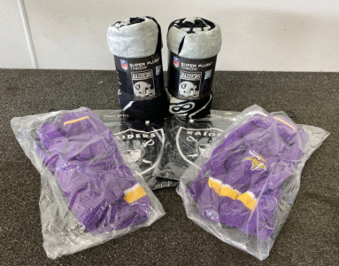 Oakland Raiders Throws and Apron/Chef Hats and (2) Vikings Scarf/ Glove Sets