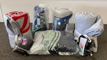 (2) NFL Sports Plush Throws, (2) Patriots Sweatshirt Throws, and Raiders Throw