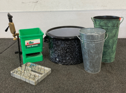 Fly Fishing Tool, Pots, And Hand Spreader Bucket