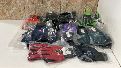 Pairs of NFL Utility Gloves: (2) Atlanta Falcon, (1) Dallas Cowboys, (5) Philadelphia Eagles, (5) Seattle Seahawks, (11) New Orleans Saints, (2) Cleveland Browns, (5) NY Giants, and (3) Minnesota Vikings