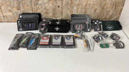 Assorted NFL Merchandise (Playing Cards, Neck Tags, Fishing Lures, Bottle Openers, Key Chains/Rings)