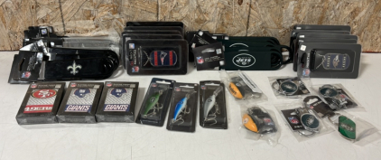 Assorted NFL Merchandise (Playing Cards, Neck Tags, Fishing Lures, Key Chains/Rings, Bottle Openers)