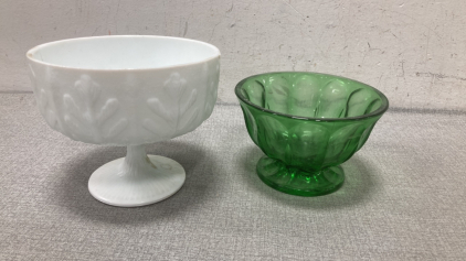 Milk Glass Oak Leaf Round Bowl and Vintage Emerald Green Depression Glass