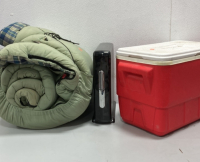 (1) Coleman Sleeping Bag (1) Keurig Coffee Pod Holder (1) Igloo Cooler