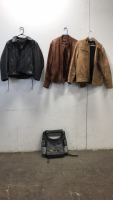 (1) Interstate Leather jacket w/ two others and a backpack