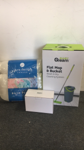 (1) Easy Gleam Flat Mop & Bucket (1) PureDesign Deluxe BathPillow (1) Elwiya 2 Pack Mason Jar