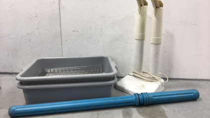 (2) Plastic Tubs, (6) Metal Trays, Shoe Dryer, Tube of Metal Rods