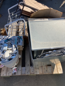 Pallet of Vent Hood Cover, Vintage Plow, Shelving, and Plumbing Fittings