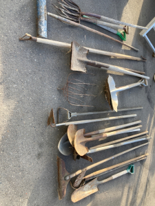 Various Hand Tools: Shovels, Hoes, pitch Forks, scapers, Hooks