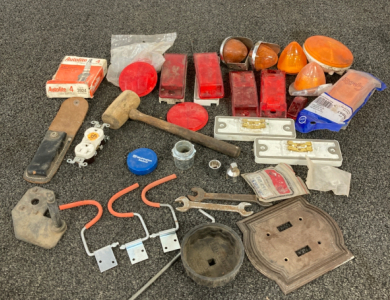 Assortment Of Tools, Car Lights, Spark Plugs, And More