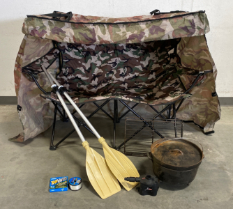 Camouflage Double Chair, Dutch Oven, Paddles, and More