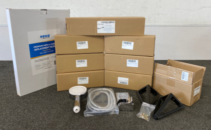 New in Box Shower Heads and Hoses, Table Feet Supports, Filter and Towel Bar