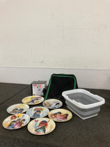 Animal Carrier, Collapsible Bin, Shower Head, And (7) Plates