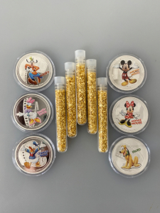 Set of (6) Disney Silver Plated Collectible Coins and (5) Bottlea of Gold Flake/Leaf Gold