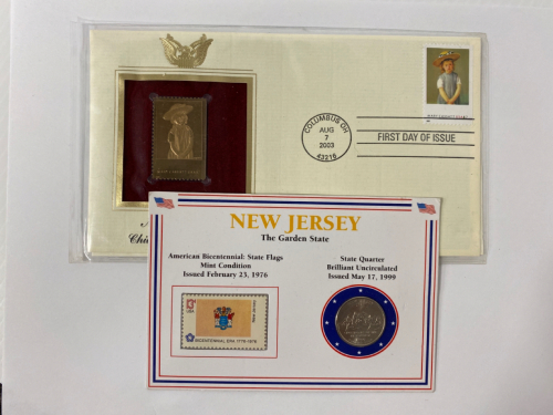 First Day of Issue Gold Plated Stamp and American Bicentennial Stamp and State Quarter