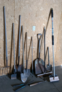 Shovels, Telescoping Window Brush, Pitchfork, More